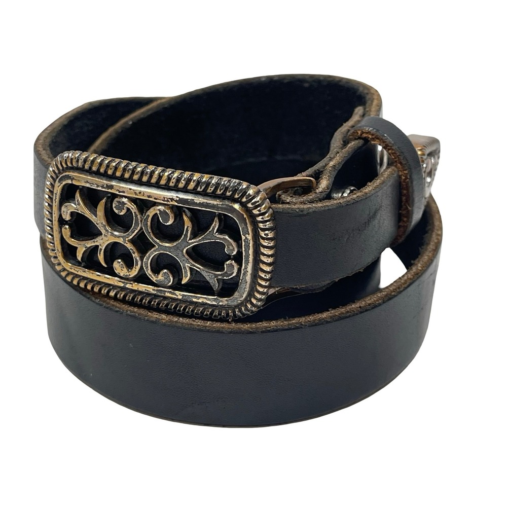 Vintage Leather Western Filigree Buckle Belt Size 32 Black Silver Tone Bohi
